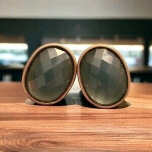 Vintage Clip On Earrings Green Plastic Faceted Oval Gold Tone